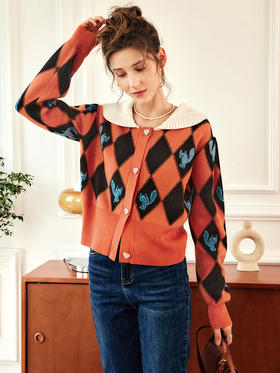 OLrain欧芮儿法式娃娃领菱格毛衣外套女春季2023新款撞色针织开衫