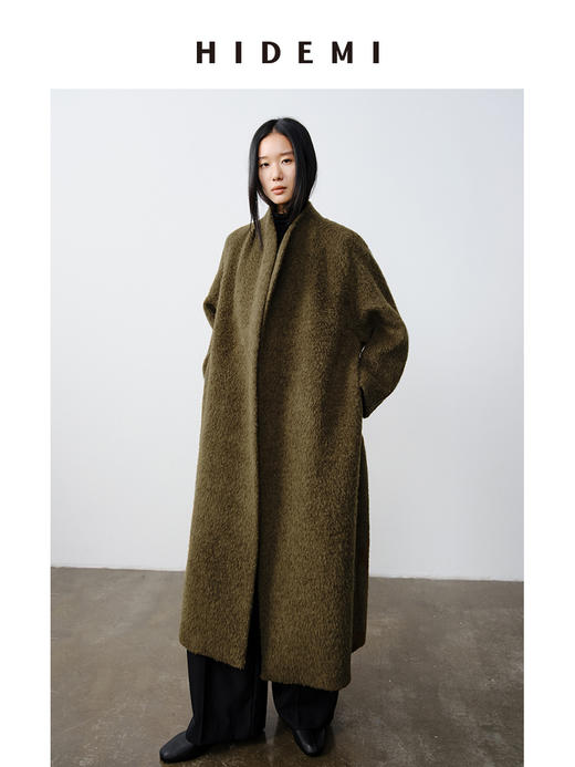 HIDEMI alpaca长毛羊驼毛苏力不对称弧形门襟长款大衣 商品图6