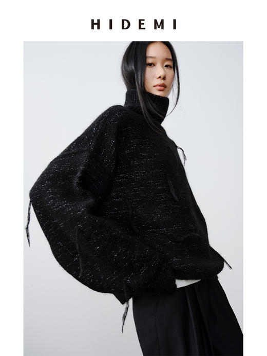 HIDEMI 马海毛羊毛混纺花纱钩针流苏极简廓形高领加厚款大毛衣 商品图5