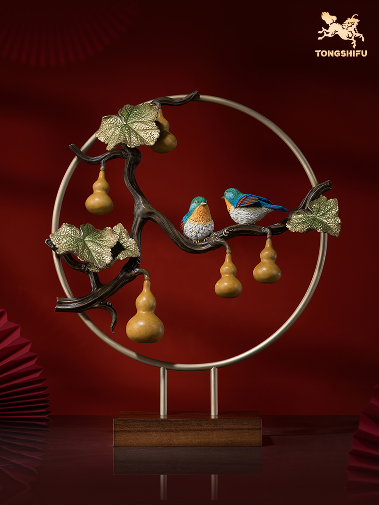 铜师傅 铜摆件《福禄长久》葫芦 相思鸟客厅桌面玄关乔迁新婚礼品