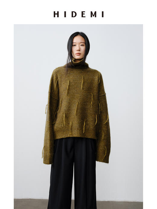 HIDEMI 马海毛羊毛混纺花纱钩针流苏极简廓形高领加厚款大毛衣 商品图7