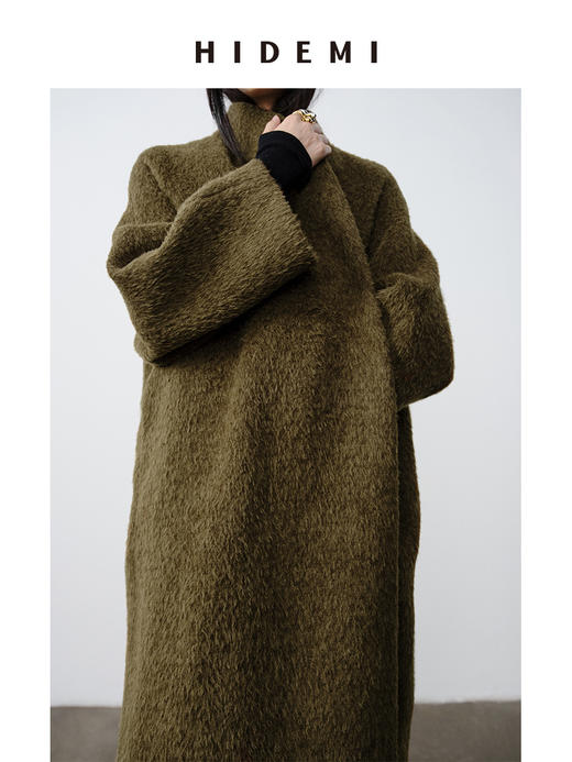 HIDEMI alpaca长毛羊驼毛苏力不对称弧形门襟长款大衣 商品图8