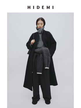 HIDEMI alpaca长毛羊驼毛苏力不对称弧形门襟长款大衣