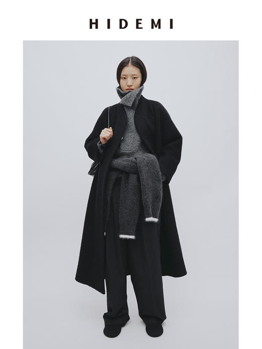 HIDEMI alpaca长毛羊驼毛苏力不对称弧形门襟长款大衣 商品图0