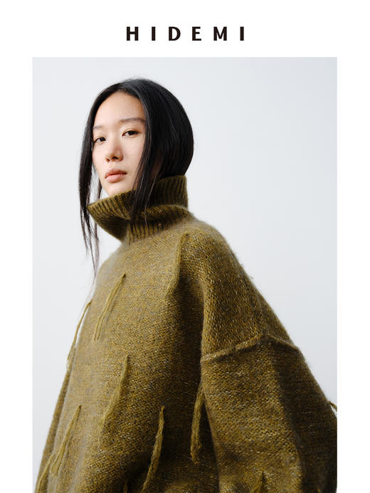 HIDEMI 马海毛羊毛混纺花纱钩针流苏极简廓形高领加厚款大毛衣 商品图8