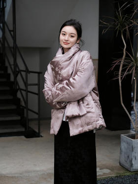 盛唐牡丹 |丁香褐真丝提花夹棉棉服(配围巾)