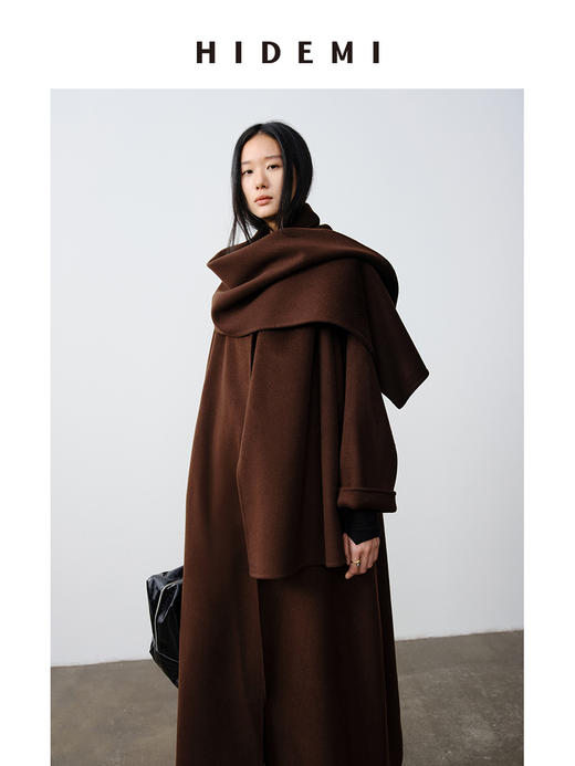 HIDEMI 澳洲美利奴羊毛双面呢分体大围巾式极简廓形长款大衣 商品图11