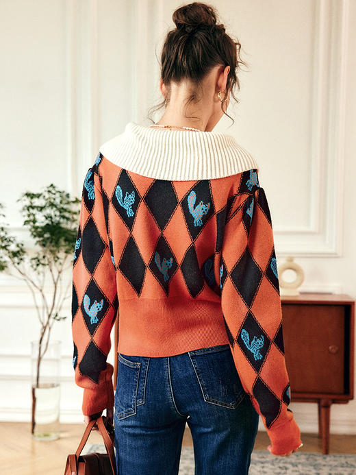 OLrain欧芮儿法式娃娃领菱格毛衣外套女春季2023新款撞色针织开衫 商品图2