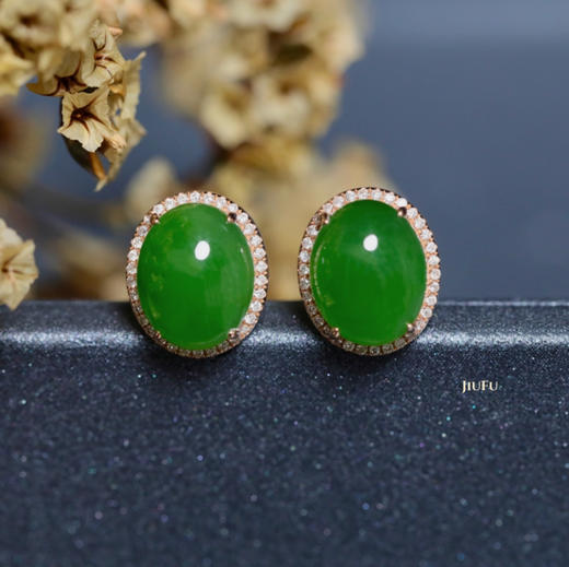 18K玫瑰金和田玉（碧玉）满钻蛋面耳钉/蛋面8*10mm/阳绿微猫 商品图5