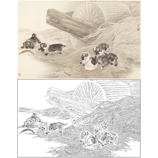 【大彩图】米春茂工笔画白描底稿《乡间一隅》小狗临摹勾线动物线稿A642 商品图0