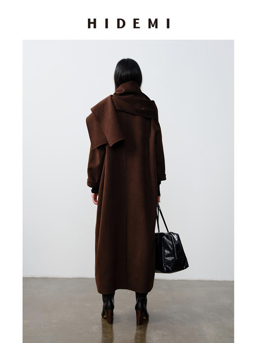 HIDEMI 澳洲美利奴羊毛双面呢分体大围巾式极简廓形长款大衣 商品图12