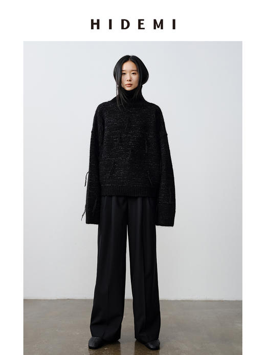 HIDEMI 马海毛羊毛混纺花纱钩针流苏极简廓形高领加厚款大毛衣 商品图1