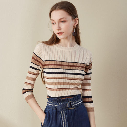 欧芮儿2018早秋新款条纹针织衫薄上衣韩版七分袖套头圆领毛衣 商品图3