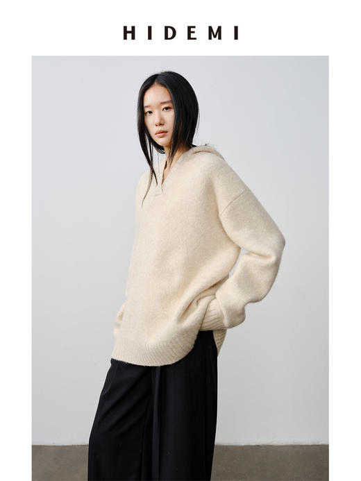 HIDEMI 骆驼毛羊毛花纱混纺加厚款连帽宽松大帽衫毛衣 商品图4