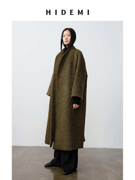 HIDEMI alpaca长毛羊驼毛苏力不对称弧形门襟长款大衣 商品图3