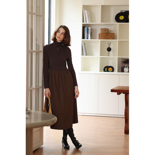 HeyDress法式半高领洋装女秋冬复古修身收腰a字伞裙长裙子 商品图0