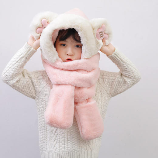 「三合一款！五色可选」儿童卡通围巾帽子三合一保暖连帽围脖可爱小孩手套一体围巾配饰 商品图3