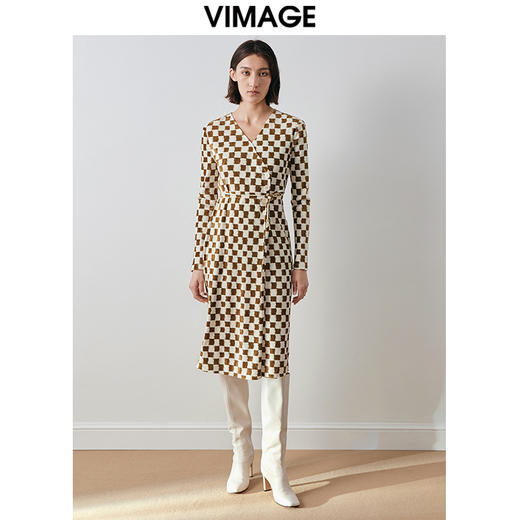 VIMAGE纬漫纪冬季新款时尚气质棋盘格通勤修身连衣裙V2007631 商品图0