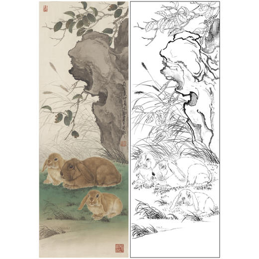 【大彩图】王生勈工笔画白描底稿《兔子》初学者临摹勾线动物线稿A650 商品图0