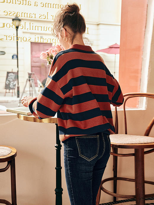 OLrain欧芮儿法式条纹卫衣女秋冬2022新款宽松慵懒风复古针织上衣 商品图2