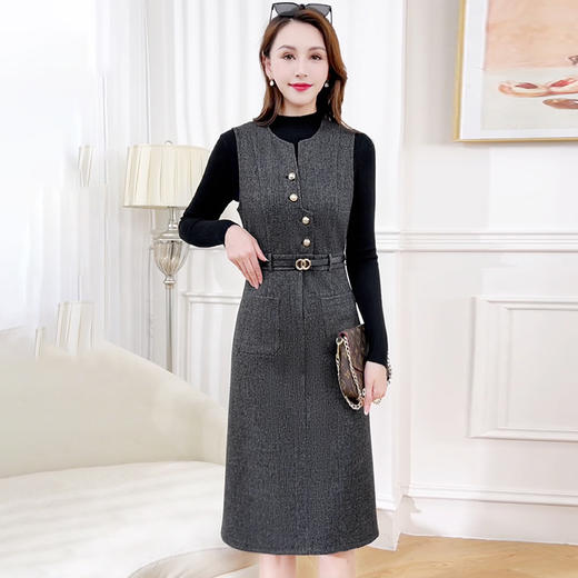 QYM MB49-L中长款假两件时尚拼接连衣裙半高领通勤A字裙 商品图1