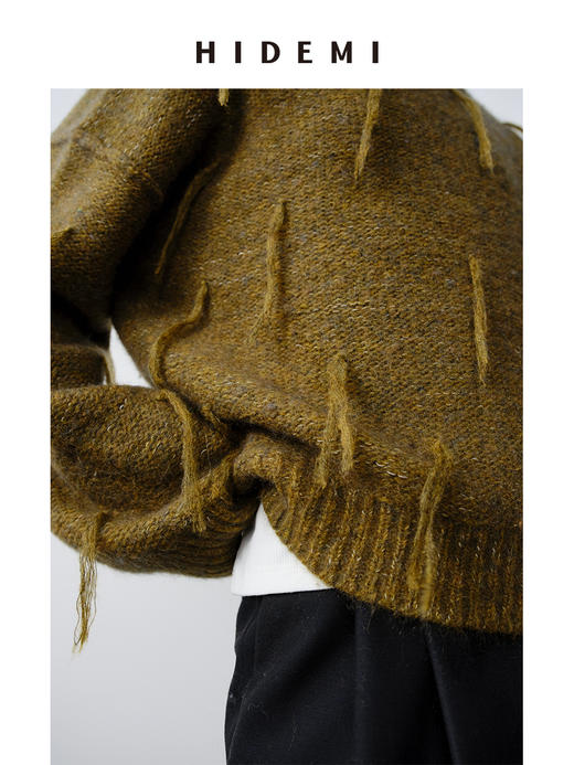HIDEMI 马海毛羊毛混纺花纱钩针流苏极简廓形高领加厚款大毛衣 商品图10
