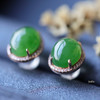 18K玫瑰金和田玉（碧玉）满钻蛋面耳钉/蛋面8*10mm/阳绿微猫 商品缩略图3