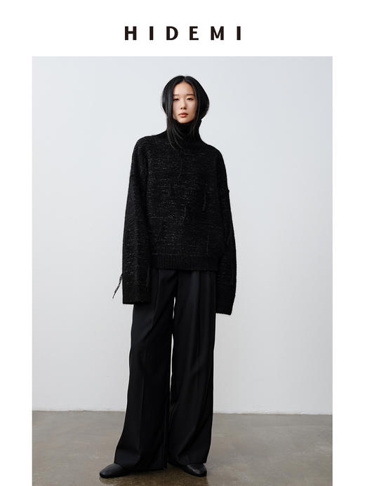 HIDEMI 马海毛羊毛混纺花纱钩针流苏极简廓形高领加厚款大毛衣 商品图2