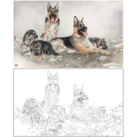 【大彩图】刘继彪横幅工笔画白描底稿《四犬》临摹勾线动物线稿GG04