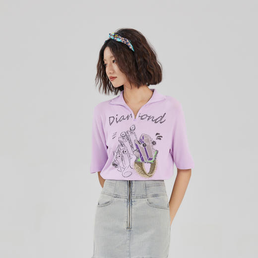 谜底2022夏季新款天丝小精灵织花翻领套头短袖针织衫女222MZ0864 商品图1