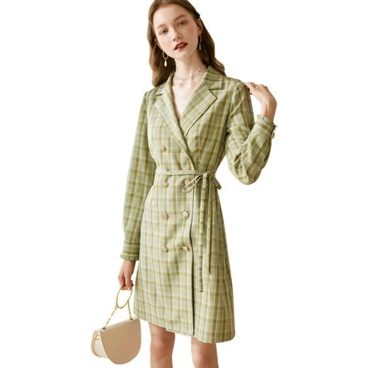 欧芮儿2020春新品西装连衣裙女双排扣长袖绿格子中长裙A字收腰 商品图3