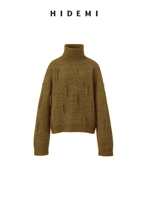 HIDEMI 马海毛羊毛混纺花纱钩针流苏极简廓形高领加厚款大毛衣 商品图11