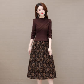 气质拼结印花裙打底外穿A字裙，假两件针织连衣裙QYM-ZM-BQC7706-Y