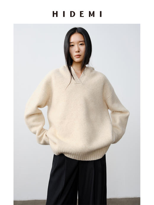 HIDEMI 骆驼毛羊毛花纱混纺加厚款连帽宽松大帽衫毛衣 商品图2