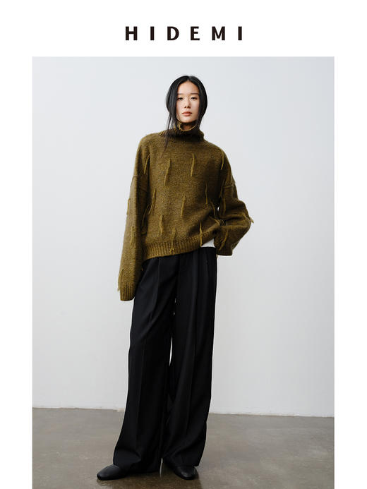 HIDEMI 马海毛羊毛混纺花纱钩针流苏极简廓形高领加厚款大毛衣 商品图0