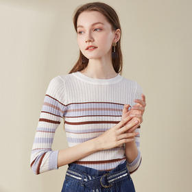 欧芮儿2018早秋新款条纹针织衫薄上衣韩版七分袖套头圆领毛衣