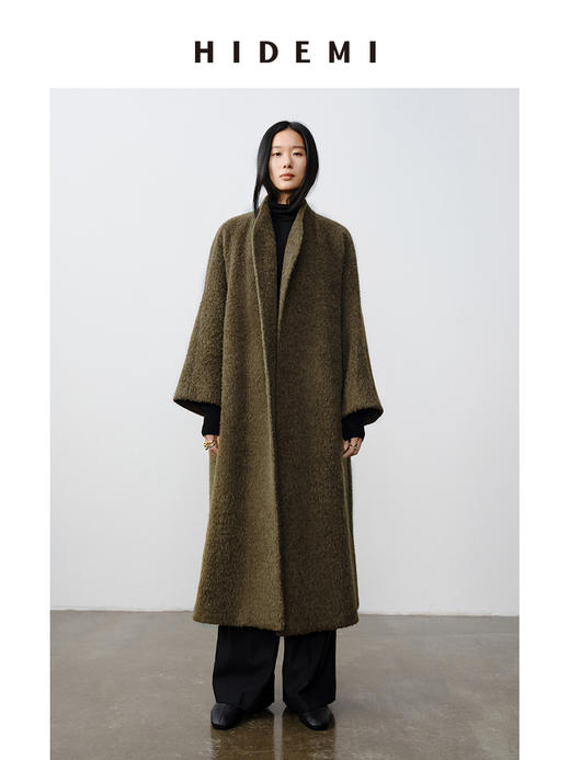HIDEMI alpaca长毛羊驼毛苏力不对称弧形门襟长款大衣 商品图2