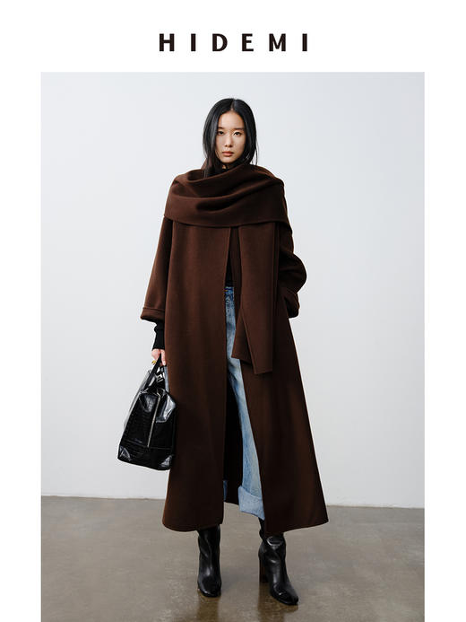 HIDEMI 澳洲美利奴羊毛双面呢分体大围巾式极简廓形长款大衣 商品图7