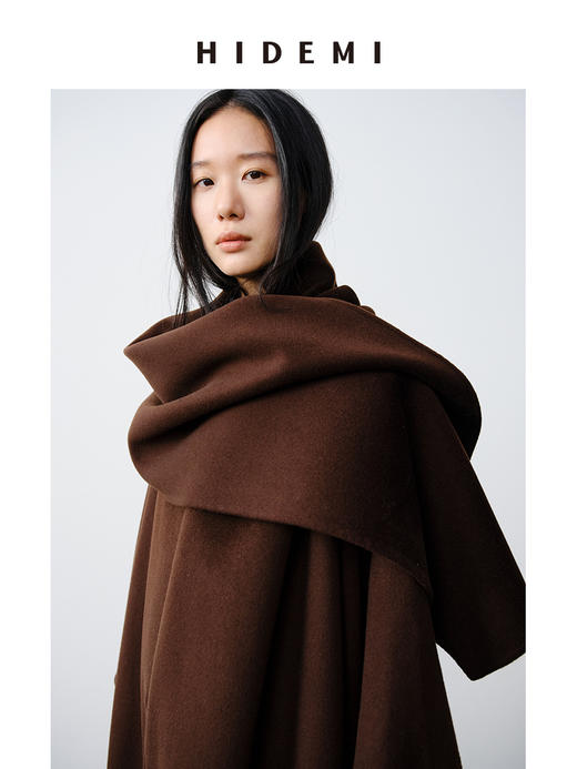 HIDEMI 澳洲美利奴羊毛双面呢分体大围巾式极简廓形长款大衣 商品图10