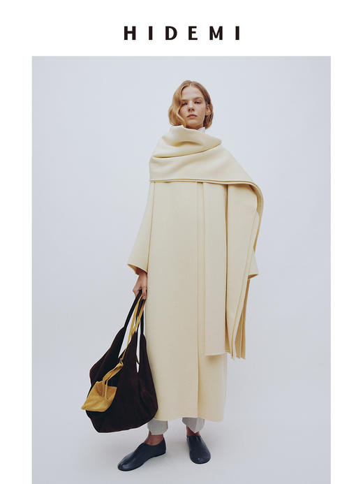 HIDEMI 澳洲美利奴羊毛双面呢分体大围巾式极简廓形长款大衣 商品图1