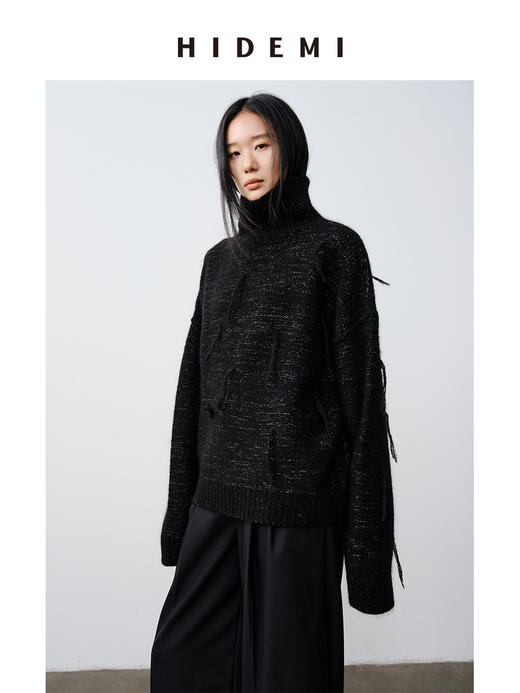 HIDEMI 马海毛羊毛混纺花纱钩针流苏极简廓形高领加厚款大毛衣 商品图4