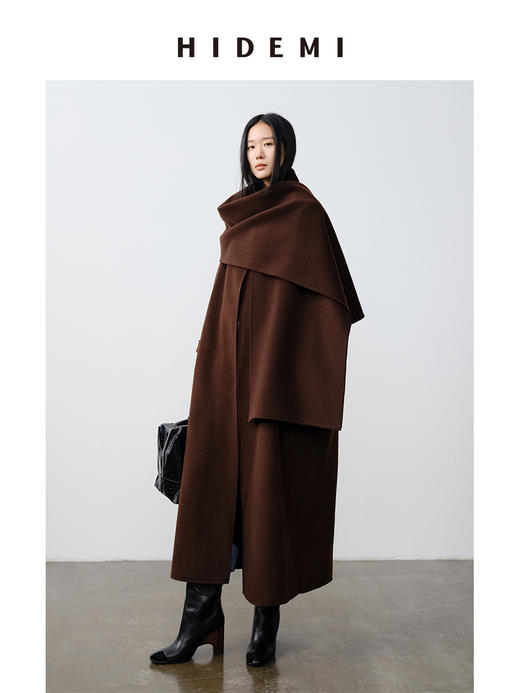HIDEMI 澳洲美利奴羊毛双面呢分体大围巾式极简廓形长款大衣 商品图6