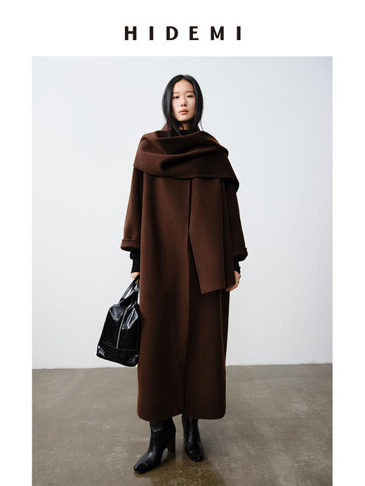 HIDEMI 澳洲美利奴羊毛双面呢分体大围巾式极简廓形长款大衣 商品图9
