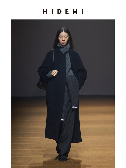 HIDEMI alpaca长毛羊驼毛苏力不对称弧形门襟长款大衣 商品图1