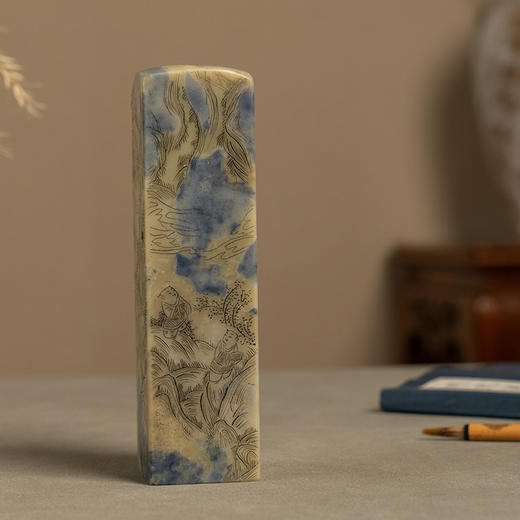 清 青田石封门青阴刻福禄寿人物印章 商品图0