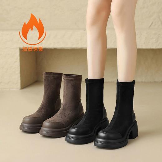 ZHR加绒高跟短靴女秋冬气质粗跟瘦瘦靴显瘦厚底弹力靴马丁靴 商品图8