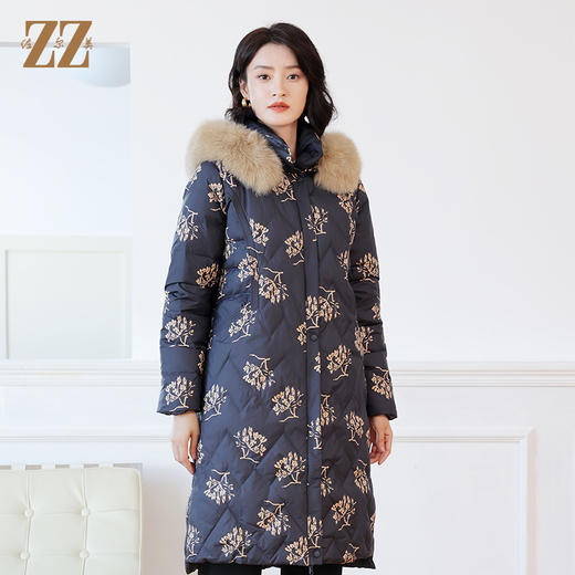 佐尔美冬季新款 气质时尚双面穿碎花可拆狐毛领羽绒服女E14YH24 商品图0