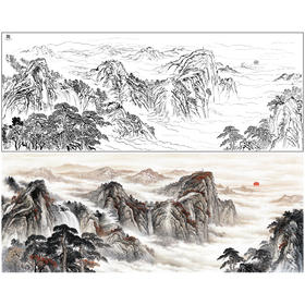 【大彩图】横幅工笔画白描底稿临摹勾线山水线稿FS16