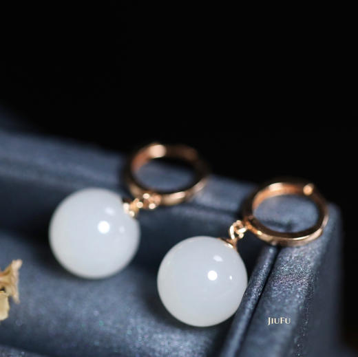 18K玫瑰金和田玉（白玉）耳扣/圆珠10mm  商品图1