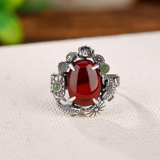 【锦鲤莲花】S925银血珀蛋面戒指【CW-JZ06090】 商品图2